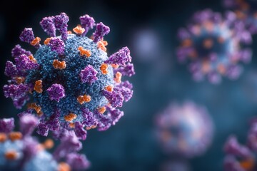 Digital art rendering of a virion highlighting spike proteins on a spherical viral envelope