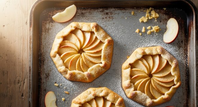 Rustic Apple Galettes on Baking Sheet - Warm apple galettes on a baking sheet symbolize home, comfort, autumn, harvest, and simple pleasures