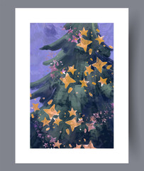 Serene woodland setting illuminated by shimmering holiday lights