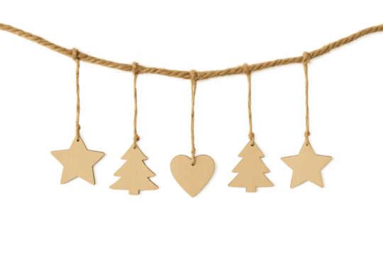 Minimalist wooden Christmas garland with star, tree, and heart shapes hanging on natural rope, simple festive decor on transparent background