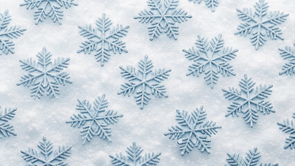 Pattern of Light Blue Snowflakes Scattered on White Snow Background winter texture