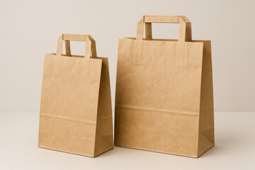 Two plain kraft paper bags with sturdy handles standing side by side on a neutral background, simple eco-friendly packaging perfect for gifts, shopping, or branding