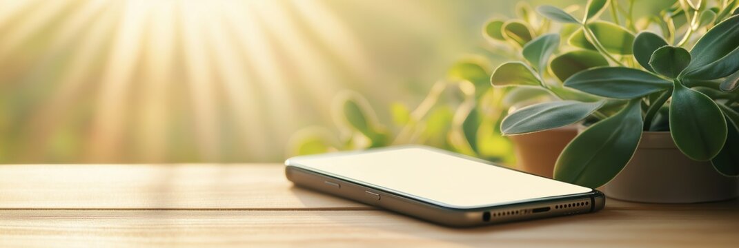 Smartphone with blank screen for mockup on a wooden table next to a green potted plant. Bright sunlight shines in background creating a warm, natural ambiance. Copy space