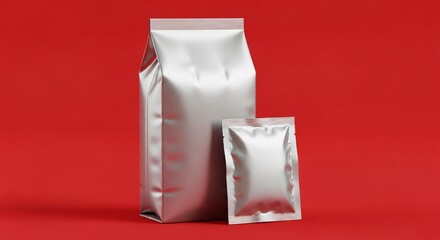 Large silver block-bottom bag next to a small silver sachet or packet, suitable for packaging mockup on a bold red background.