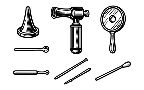 Healthcare tools: hand drawn medical instruments for auditory and visual examination
