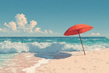 Red umbrella standing on a sandy beach while ocean waves wash ashore under a blue sky