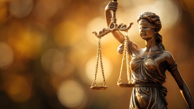 Bronze statue depicting a blindfolded figure holding scales of balance against a warm, blurred background