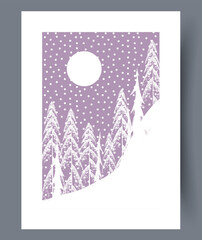Calm winter scene with evergreen trees under starry sky