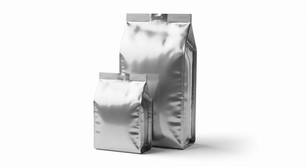 Two blank metallic silver block-bottom bags, one large and one small, standing upright on a clean white background.