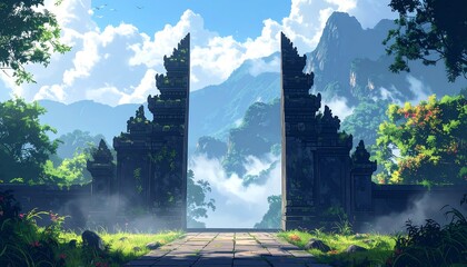 Ornate stone gate leads to a misty mountain vista, bordered by lush greenery and cloudy sky