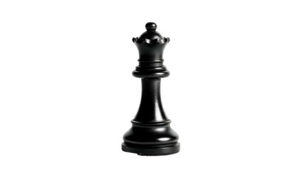Solid black chess queen piece stands isolated against a stark dark background