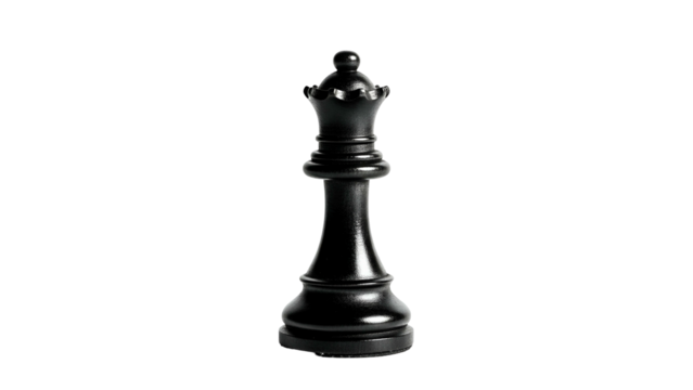 Solid black chess queen piece stands isolated against a stark dark background