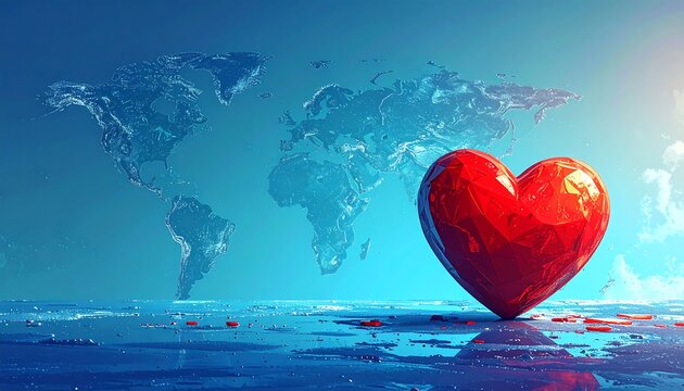 Red, faceted heart stands on shimmering, reflective surface, with a world map background in pale blue