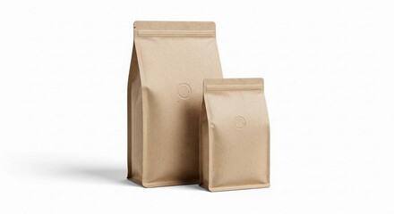 Two blank brown kraft paper block-bottom bags, one large and one small, featuring a subtle vent valve, on a clean white background.