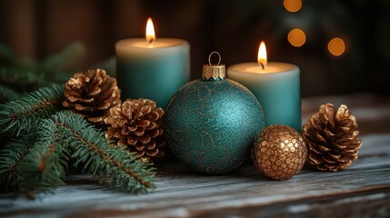 Two candles are lit in a Christmas wreath for the second week of Advent. An Advent or Christmas background with space for text.