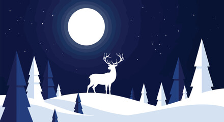Majestic Deer Silhouette Under Moonlit Winter Landscape Illustration.