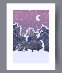 quiet forest illuminated by winter moonlight, calm snowy woodland with gentle glow and moon above