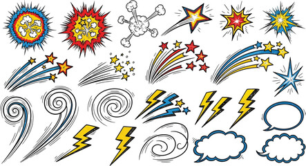 Obraz premium Comic Style Burst Effects Set with Star Trails, Thunderbolts on White Background