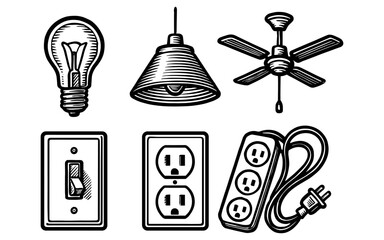 Fototapeta na wymiar Vintage style electrical elements: light bulb, ceiling fan, outlets, and switch