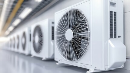 A row of modern air conditioning units, showcasing sleek design and efficient cooling technology in an industrial setting.