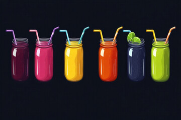Selection of breakfast smoothies in different colors, served in mason jars with straws
