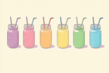 Selection of breakfast smoothies in different colors, served in mason jars with straws