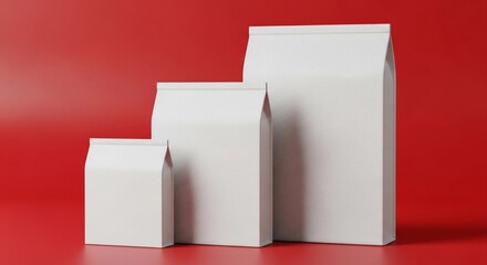 Three different sized blank white paper block-bottom bags standing in a row against a vibrant red studio background.