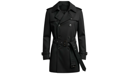 Tailored black double breasted outerwear garment hangs against a solid dark background