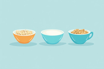 Simple breakfast with a variety of cereals in different bowls, ready to be served with milk