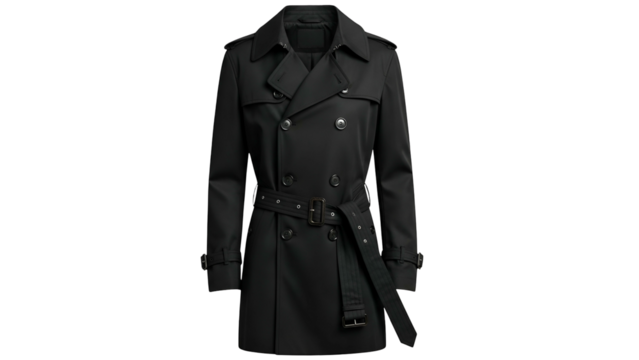 Tailored black double breasted outerwear garment hangs against a solid dark background