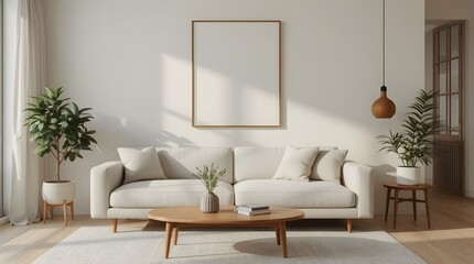 Naklejka premium cozy nordic living corner interior with empty frame mockup above sofa, minimalist wooden decor and warm natural light design render