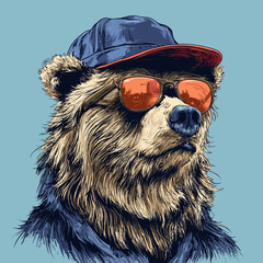 Vector illustration of a bear in a baseball cap and sunglasses