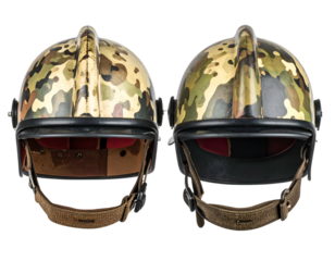 Two identical camouflage helmets with leather straps, front view