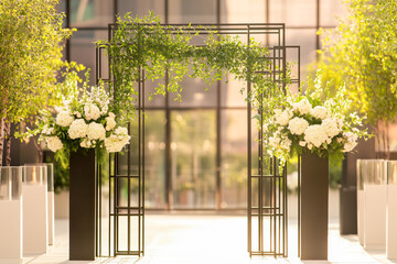 Sleek, contemporary wedding arch with clean lines, metallic accents, and elegant floral arrangements