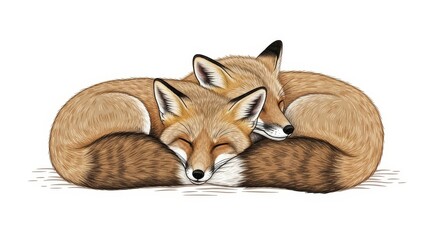 Obraz premium Sleeping Foxes Cuddled Together - Two foxes are snuggled up together, peacefully sleeping. The is an illustration on a white background