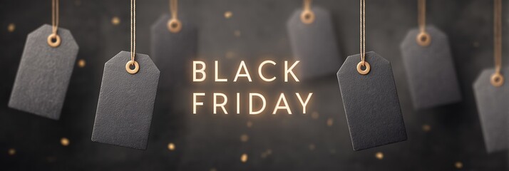 Black Friday sale, golden text on dark background with scattered black price tags and discount labels