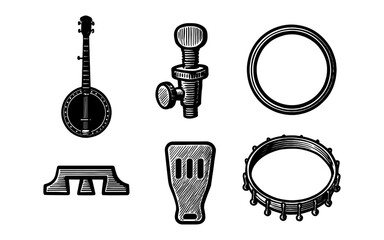 Vintage banjo instrument parts in black and white engraving style