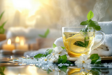 Spa setting with a person enjoying a glass of infused water, surrounded by relaxing elements