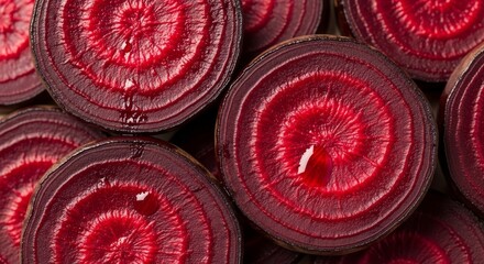 Sliced Fresh Beetroot Close Up - A vibrant close-up showcasing the concentric circles and rich colors of sliced beetroot. Fresh and healthy, perfect for culinary or health related content