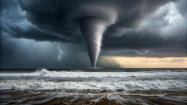 Powerful Tornado Twisting Over Rough Ocean Waves During a Lightning Storm hurricane weather Background