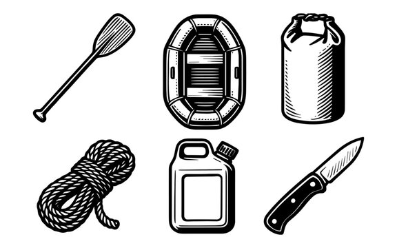 Vintage camping and rafting equipment: retro adventure essentials collection