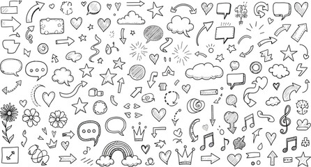 Fototapeta premium Doodle Set With Arrows, Hearts, Stars, Clouds, Speech Bubbles on Transparent Background