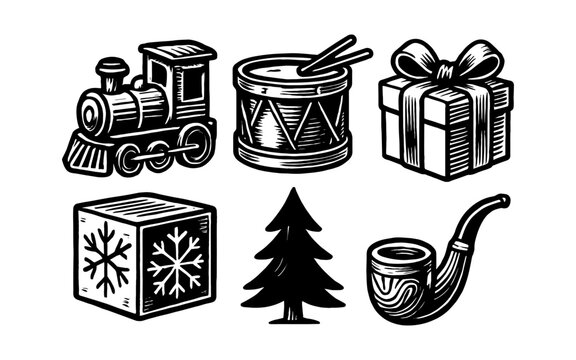 Retro holiday icons: train, drum, gift, ice cube, tree, pipe in vintage style