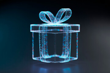Blue holographic gift box made of glowing particles on a dark futuristic background