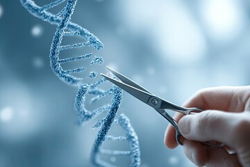 Scissors cut a DNA strand held by a hand, against a blurry blue backdrop