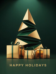An abstract  golden and  green geometric Christmas tree and golden metallic gift boxes with ribbons and bows. 
