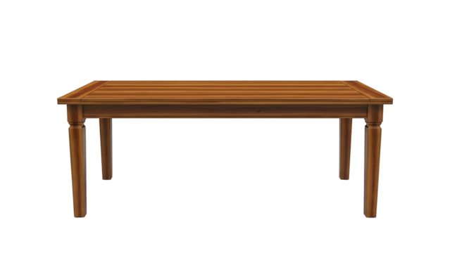 Rectangular wooden dining table rendered with slatted top detail against a solid dark background