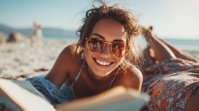 Woman enjoys reading on the beach while smiling under the warm sun