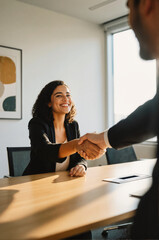 A smiling woman shaking hands with a man in an office meeting, captured in natural light from a window.