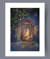 warm nostalgic scene, rustic glow with glowing star, serene scene with candle and evergreen